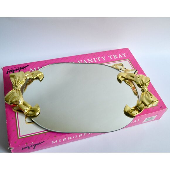 Mon Image Vintage Vanity Tray Mirrored Gold Bow Handles With Original Box - Picture 3 of 6